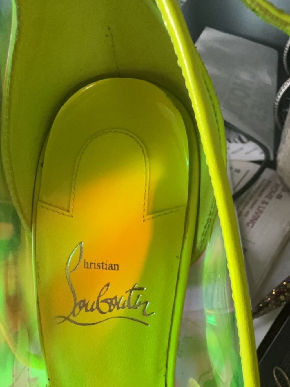 Christian Louboutin Neon Yellow Iridescent Pointed-Toe Ankle-Strap Heels - Picture 12 of 14